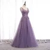 Classy Purple Evening Dresses  2020 A-Line / Princess V-Neck Beading Lace Flower Sleeveless Backless Floor-Length / Long Formal Dresses