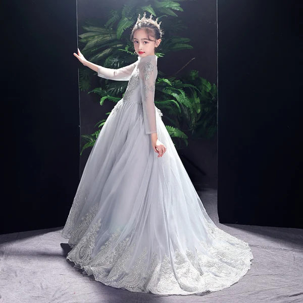 Elegant Grey Birthday Flower Girl Dresses 2021 A-Line / Princess High Neck Long Sleeve Beading Rhinestone Lace Flower Sweep Train