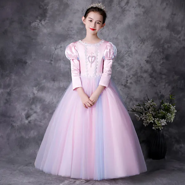 Médiévale Vintage / Originale Bleu Ciel Robe Ceremonie Fille 2021 Princesse Encolure Dégagée 3/4 Manches Forme de coeur Perle Paillettes En Dentelle Fleur Noeud Longue