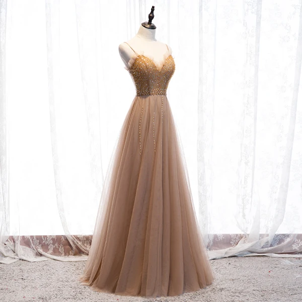 Fashion Champagne Evening Dresses 2020 A-Line / Princess Scoop Neck Beading Crystal Rhinestone Sleeveless Backless Floor-Length / Long Formal Dresses