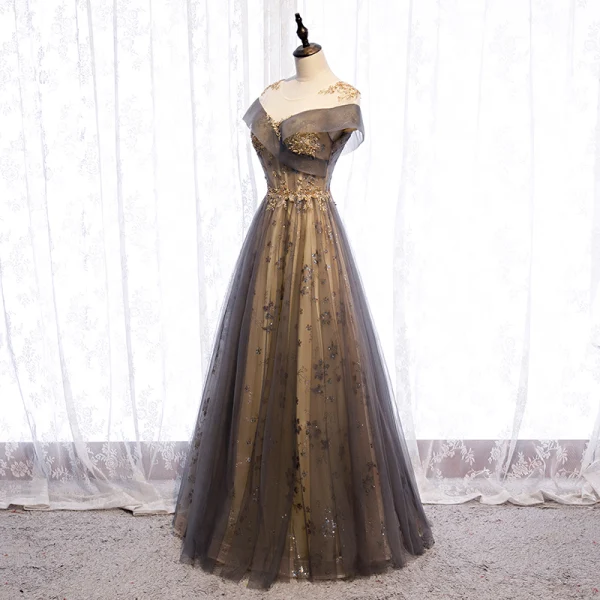 Elegant Champagne Evening Dresses 2020 A-Line / Princess Scoop Neck Beading Sequins Lace Flower Short Sleeve Backless Floor-Length / Long Formal Dresses