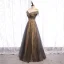 Elegant Champagne Evening Dresses  2020 A-Line / Princess Scoop Neck Beading Sequins Lace Flower Short Sleeve Backless Floor-Length / Long Formal Dresses