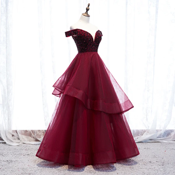Classy Burgundy Evening Dresses 2020 A-Line / Princess Off-The-Shoulder Beading Crystal Short Sleeve Backless Floor-Length / Long Formal Dresses