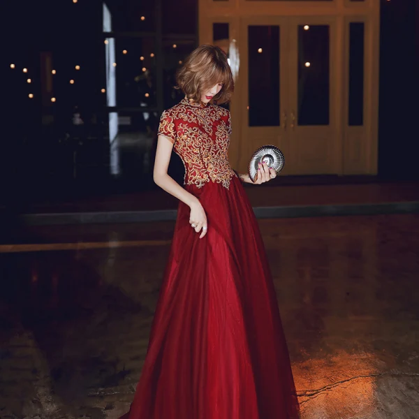 Classy Burgundy Evening Dresses  2020 A-Line / Princess Scoop Neck Beading Rhinestone Lace Flower Short Sleeve Backless Floor-Length / Long Formal Dresses