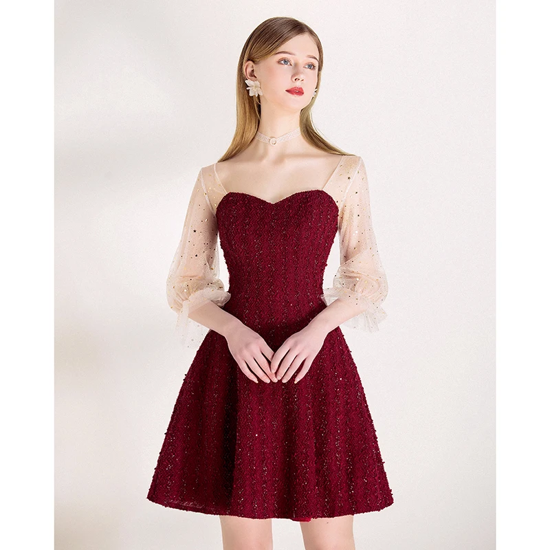 Sexy Burgundy Star Sequins Party Dresses 2020 A Line Princess Square Neckline Bell Sleeves Backless Short Formal Dresses Sexy Burgundy Star Sequins Party Dresses 2020 A Line Princess Square Neckline Bell Sleeves Backless Short Formal Dresses
