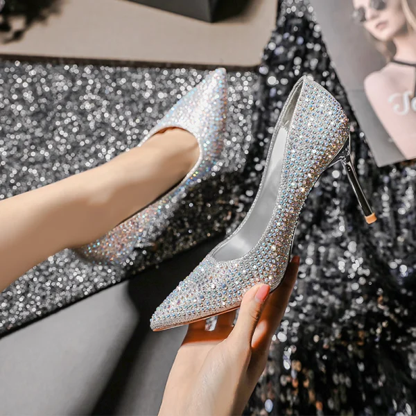 Scintillantes Doré Cristal Chaussure De Mariée 2020 Cuir Faux Diamant 8 cm Talons Aiguilles À Bout Pointu Mariage Escarpins