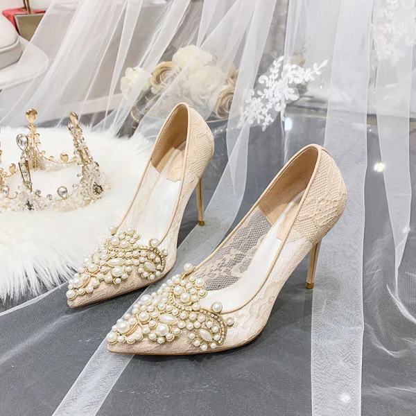 Charming Ivory Lace Wedding Shoes 2020 Leather Pearl Rhinestone 10 cm Stiletto Heels Pointed Toe Wedding Pumps