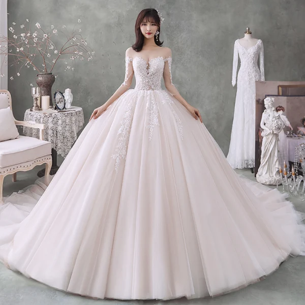 Luxury / Gorgeous Ivory Wedding Dresses 2020 Ball Gown Scoop Neck Beading Pearl Rhinestone 3/4 Sleeve Backless Cathedral Train