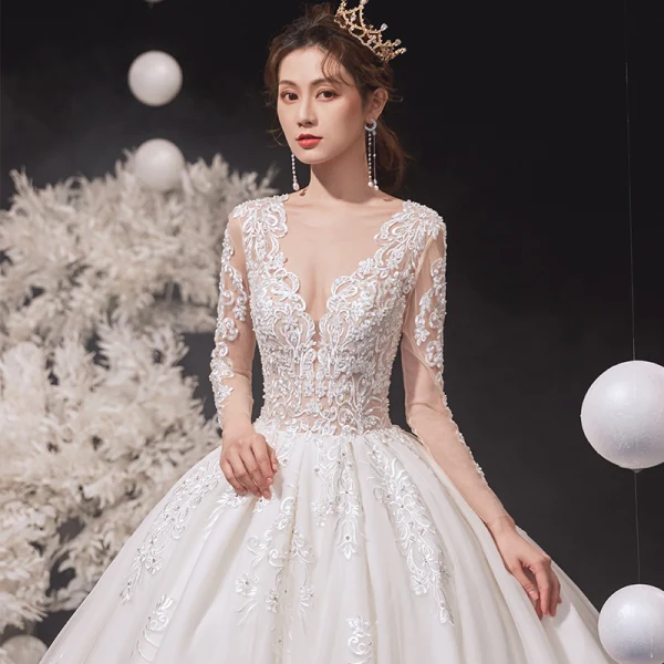 Luxury / Gorgeous Ivory Wedding Dresses 2020 Ball Gown Scoop Neck Beading Lace Flower Long Sleeve Backless Cathedral Train