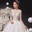 Luxury / Gorgeous Ivory Wedding Dresses 2020 Ball Gown Scoop Neck Beading Lace Flower Long Sleeve Backless Cathedral Train