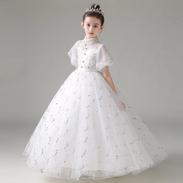 Elegant Blushing Pink Birthday Flower Girl Dresses 2021 A-Line / Princess High Neck Beading Sequins Lace Flower Short Sleeve Sash Floor-Length / Long
