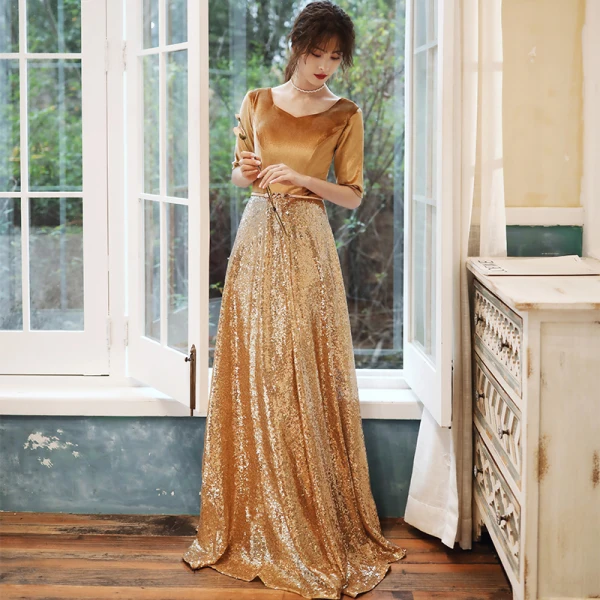 Sparkly Gold Evening Dresses  2020 A-Line / Princess Suede V-Neck Sequins 1/2 Sleeves Backless Floor-Length / Long Formal Dresses