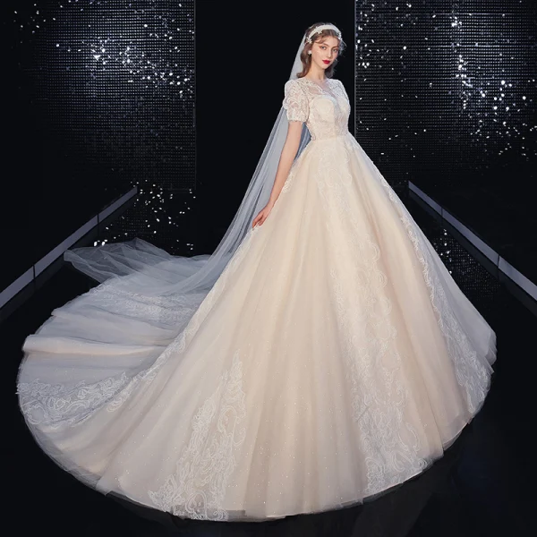 High-end Ivory Lace Flower Wedding Dresses 2020 Ball Gown Scoop Neck Beading Pearl Short Sleeve Covered Button Cathedral Train