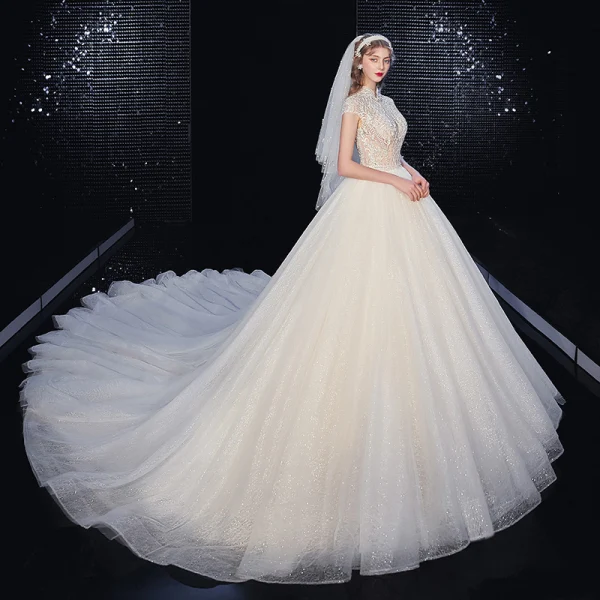 Chinese style Ivory Beading Wedding Dresses 2020 Ball Gown Scoop Neck Pearl Rhinestone Short Sleeve Backless Cathedral Train