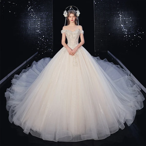 Luxury / Gorgeous Ivory Wedding Dresses 2020 Ball Gown Off-The-Shoulder Beading Rhinestone Sequins Short Sleeve Backless Royal Train