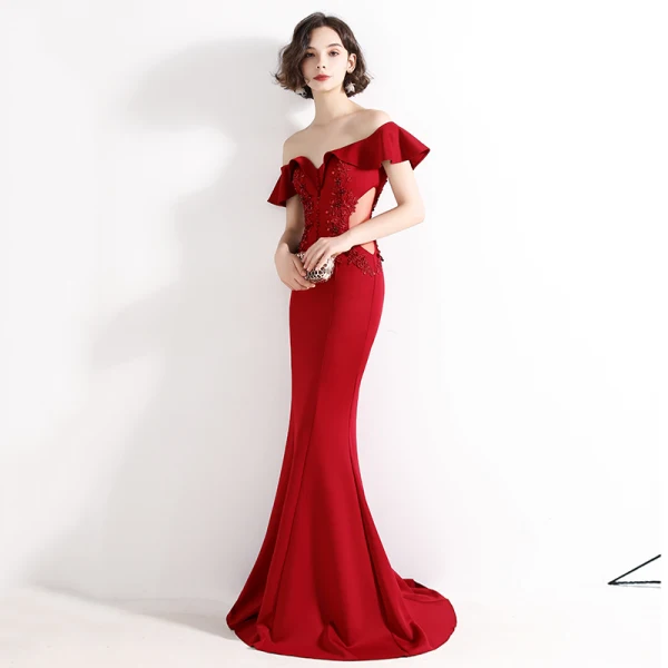 Chic / Beautiful Burgundy Evening Dresses 2020 Trumpet / Mermaid Off-The-Shoulder Beading Lace Flower Short Sleeve Backless Floor-Length / Long Formal Dresses