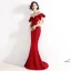 Chic / Beautiful Burgundy Evening Dresses  2020 Trumpet / Mermaid Off-The-Shoulder Beading Lace Flower Short Sleeve Backless Floor-Length / Long Formal Dresses