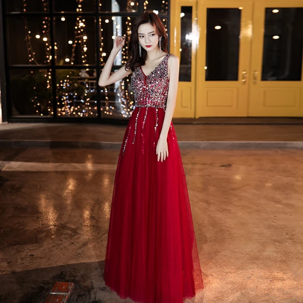 Charming Burgundy Evening Dresses  2020 A-Line / Princess V-Neck Sequins Sleeveless Backless Floor-Length / Long Formal Dresses