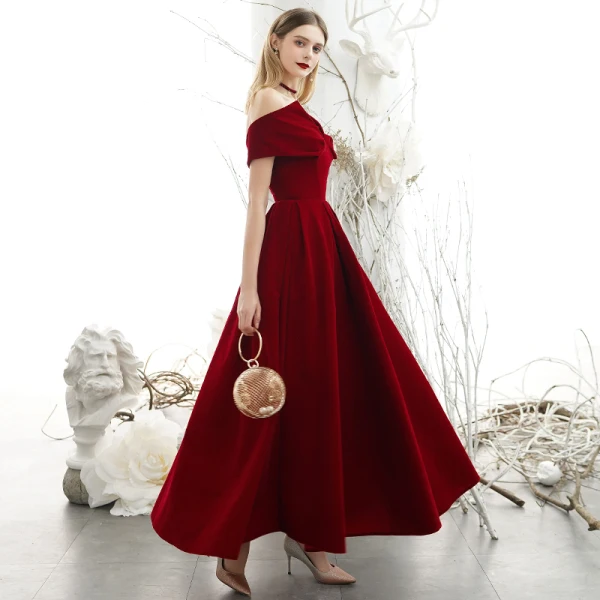 Chic / Beautiful Burgundy Suede Evening Dresses 2020 A-Line / Princess High Neck Off-The-Shoulder Short Sleeve Backless Floor-Length / Long Formal Dresses