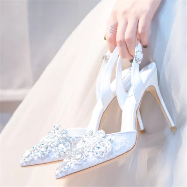 Sjarmerende Elfenben Krystall Brudesko 2020 Lær Rhinestone 10 cm Stiletthæler Spisse