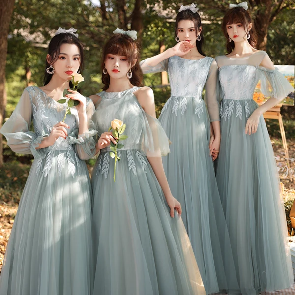 Modest Simple Sage Green Embroidered Bridesmaid Dresses 2021 A-Line Princess V-Neck 3/4 Modest Simple Sage Green Embroidered Bridesmaid Dresses 2021 A-Line Princess V-Neck 3/4