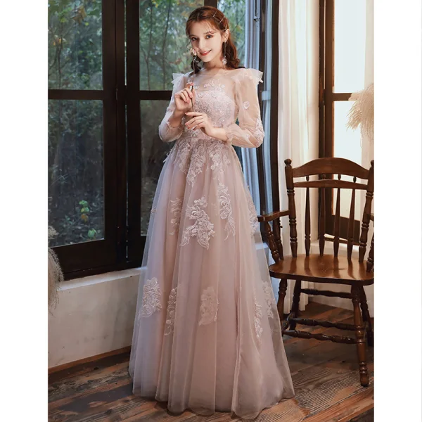 Elegant Pearl Pink Evening Dresses 2020 A-Line / Princess Scoop Neck Beading Sequins Lace Flower Long Sleeve Backless Floor-Length / Long Formal Dresses