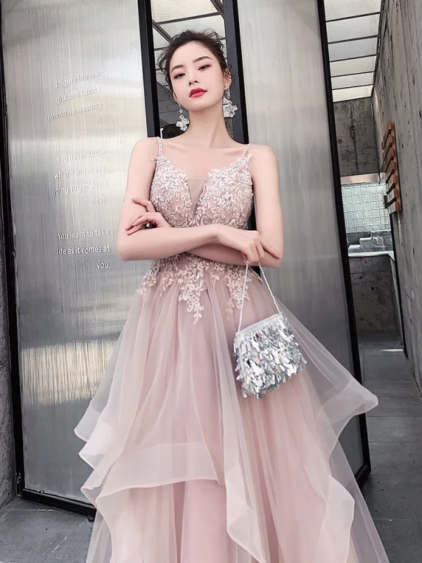 Charming Blushing Pink Evening Dresses A-Line / Princess 2020 Spaghetti Straps Beading Lace Flower Sleeveless Backless Cascading Ruffles Floor-Length