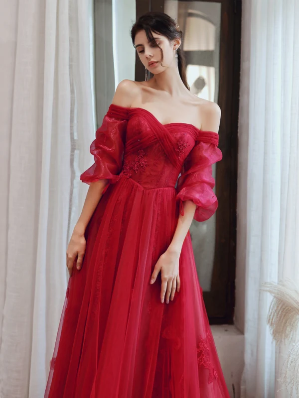 Charmant Bordeaux Robe De Soirée 2020 Princesse De l'épaule Perlage Paillettes En Dentelle Fleur 1/2 Manches Dos Nu Longue Robe De Ceremonie