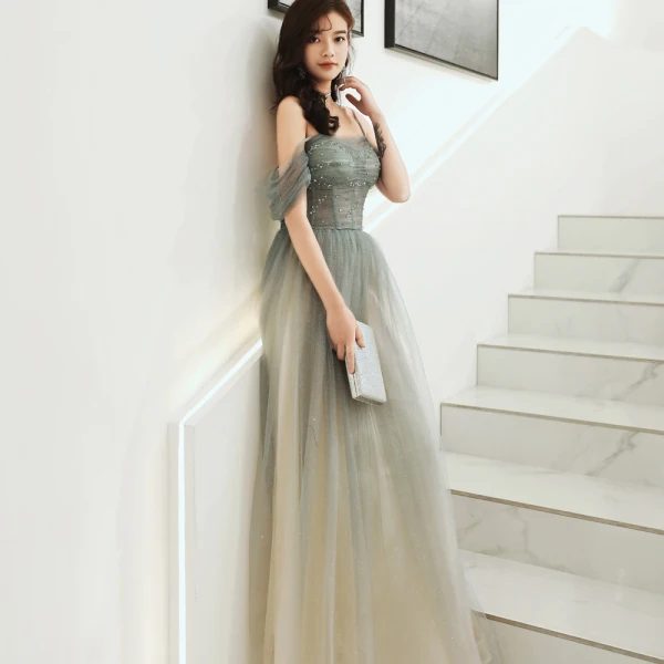 Elegant Army Green Evening Dresses  2020 A-Line / Princess Spaghetti Straps Beading Sequins Short Sleeve Backless Floor-Length / Long Formal Dresses