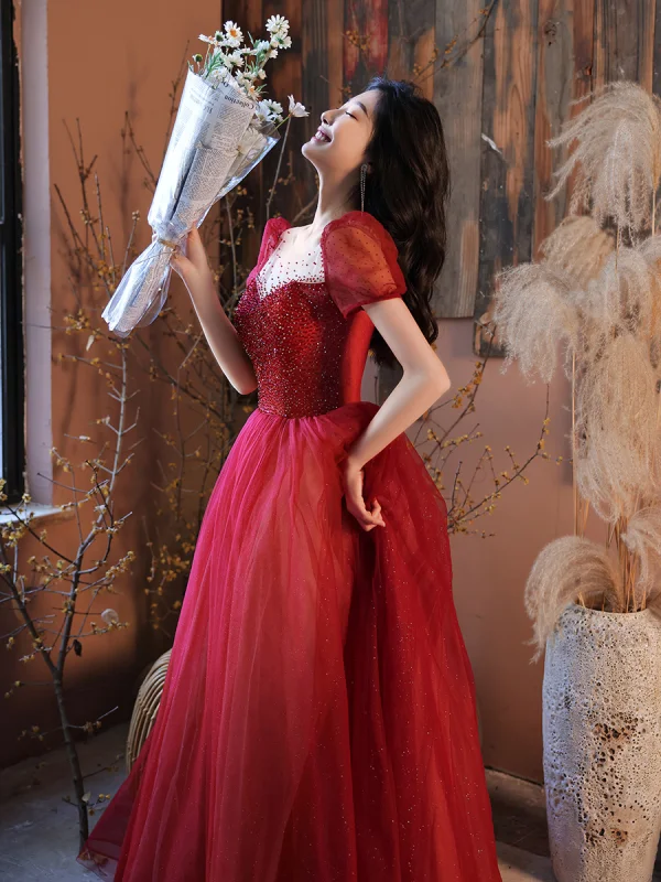 Mode Rouge Robe De Bal 2021 Princesse Encolure Dégagée Perlage Cristal Paillettes Manches Courtes Dos Nu Longue Promo Robe De Ceremonie