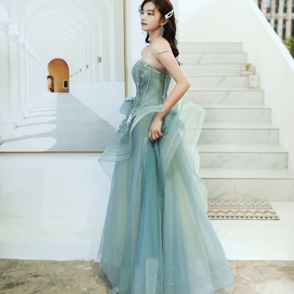 Elegant Mint Green Evening Dresses 2020 A-Line / Princess Strapless Beading Appliques Sleeveless Backless Cascading Ruffles Floor-Length / Long Formal Dresses