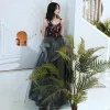 Chic / Beautiful Black Prom Dresses 2020 A-Line / Princess Spaghetti Straps Beading Lace Flower Sleeveless Backless Floor-Length / Long Formal Dresses