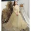 Chic / Beautiful Yellow Prom Dresses 2020 A-Line / Princess Scoop Neck Lace Flower Appliques Sequins Long Sleeve Backless Floor-Length / Long Formal Dresses
