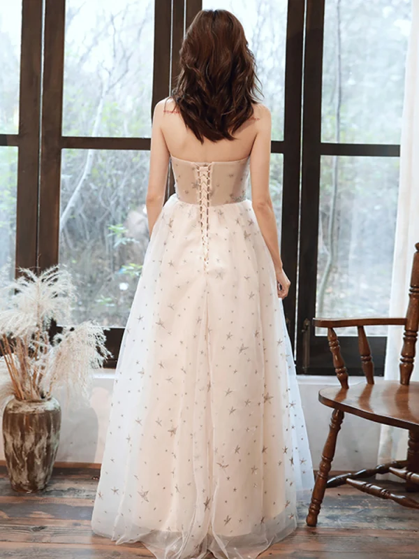 Fashion Champagne Evening Dresses  2020 A-Line / Princess Strapless Beading Star Lace Flower Sleeveless Backless Floor-Length / Long Formal Dresses