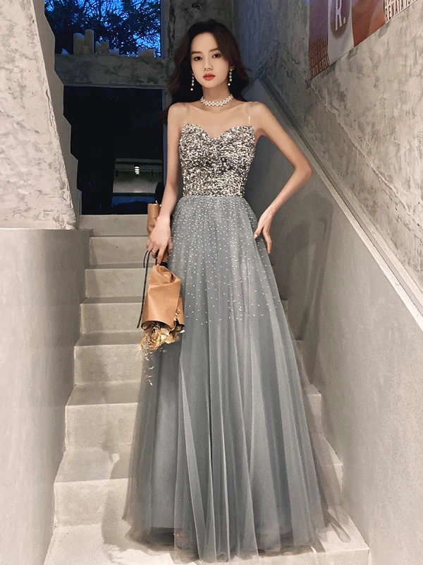 Glitzernden Sexy Silber Glanz Pailletten Abendkleider 2021 A Linie Bandeau Ärmellos Rückenfreies Lange Festliche Kleider