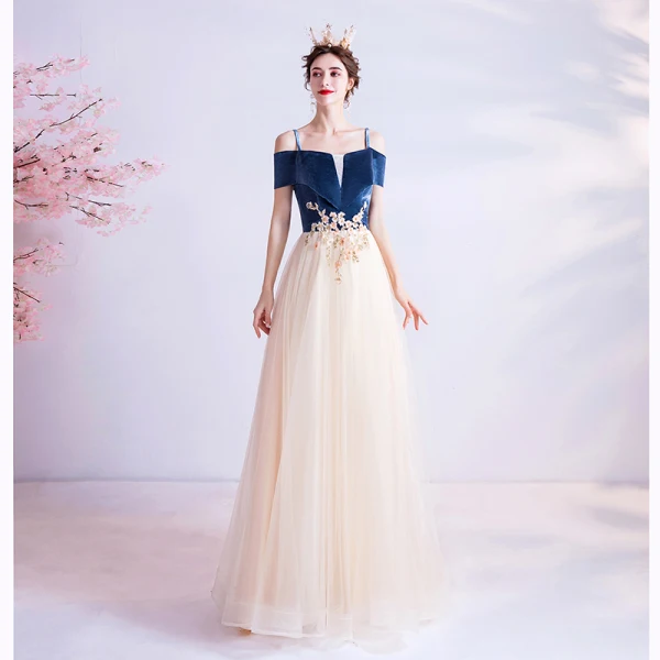 Elegant Navy Blue Prom Dresses 2020 A-Line / Princess Suede Spaghetti Straps Beading Sequins Lace Flower Short Sleeve Backless Floor-Length / Long Formal Dresses