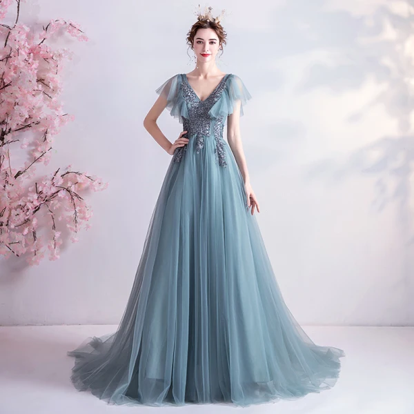 Élégant Bleu D'encre Robe De Bal 2020 Princesse V-Cou Perlage Paillettes En Dentelle Fleur Manches Courtes Dos Nu Train De Balayage Robe De Ceremonie