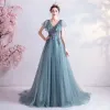 Elegant Ink Blue Prom Dresses 2020 A-Line / Princess V-Neck Beading Sequins Lace Flower Short Sleeve Backless Sweep Train Formal Dresses