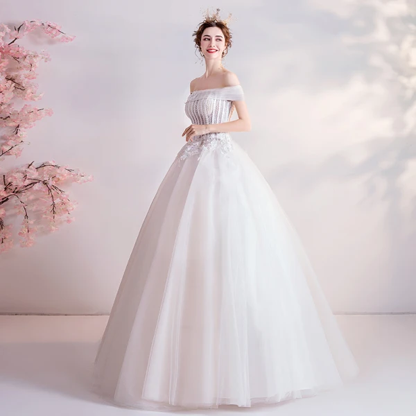 Affordable Ivory Wedding Dresses 2020 Ball Gown Off-The-Shoulder Crystal Lace Flower Appliques Sleeveless Backless Floor-Length / Long