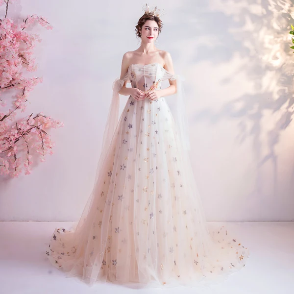 Fashion White Prom Dresses 2020 A-Line / Princess Off-The-Shoulder Beading Pearl Star Sequins Sleeveless Backless Chapel Train Formal Dresses