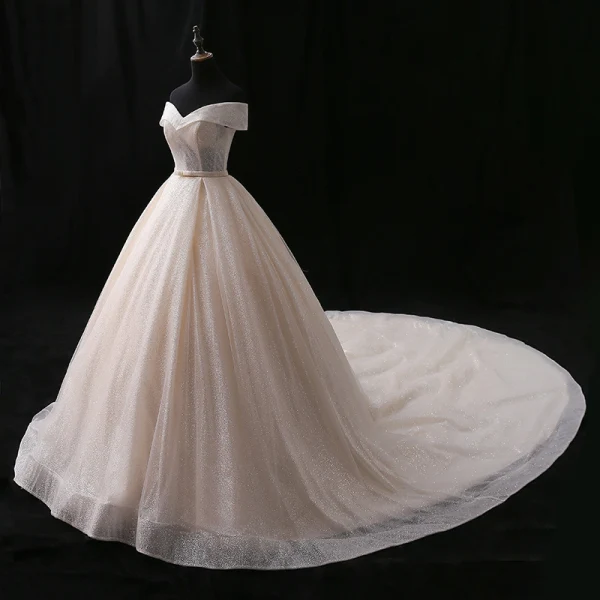 Sparkly Champagne Wedding Dresses 2018 Ball Gown Bow Glitter Off-The-Shoulder Backless Sleeveless Chapel Train Wedding
