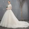 Elegant Champagne Wedding Dresses Ball Gown Lace Off-The-Shoulder Backless Sleeveless Chapel Train Wedding