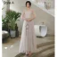 Modern / Fashion Blushing Pink Lace Flower Bridesmaid Dresses 2021 A-Line / Princess Scoop Neck Short Sleeve Backless Floor-Length / Long Bridesmaid Wedding Party Dresses