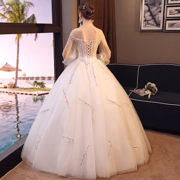 Elegant Ivory Wedding Dresses 2018 Ball Gown Beading Lace Flower Off-The-Shoulder Backless 3/4 Sleeve Floor-Length / Long Wedding