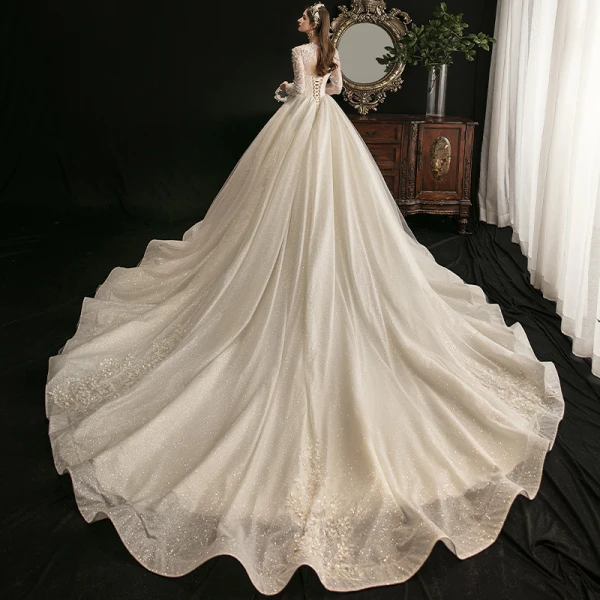 Charming Champagne Ball Gown Glitter Wedding Dresses 2020 Scoop Neck Beading Sequins Lace Flower 3/4 Sleeve Backless Cathedral Train