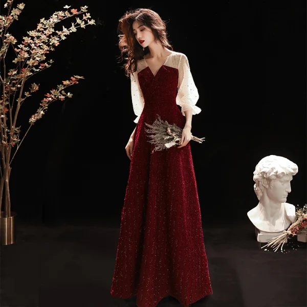 Fashion Burgundy Evening Dresses 2020 A-Line / Princess V-Neck Glitter Beading Star Sequins 3/4 Sleeve Floor-Length / Long Formal Dresses