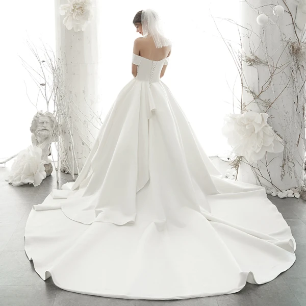 High End Ivory / Creme Satin Brautkleider / Hochzeitskleider 2020 A Linie Off Shoulder Perle Pailletten Kurze Ärmel Rückenfreies Kathedrale Schleppe
