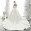 High-end Ivory Satin Wedding Dresses 2020 A-Line / Princess Off-The-Shoulder Pearl Sequins Short Sleeve Backless Cathedral Train