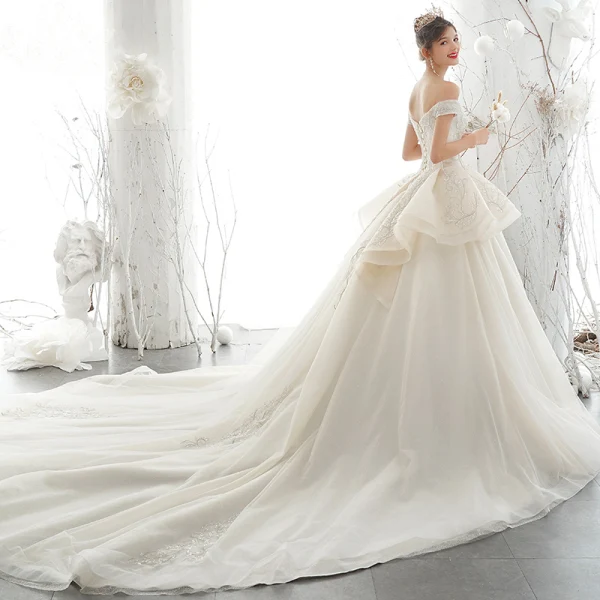Luxury / Gorgeous Champagne Wedding Dresses 2020 A-Line / Princess Off-The-Shoulder Beading Rhinestone Sequins Lace Flower Sleeveless Backless Royal Train