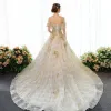 Luxury / Gorgeous Gold Wedding Dresses 2018 Ball Gown Glitter Lace Appliques Beading Rhinestone Pearl Off-The-Shoulder Backless Sleeveless Court Train Wedding